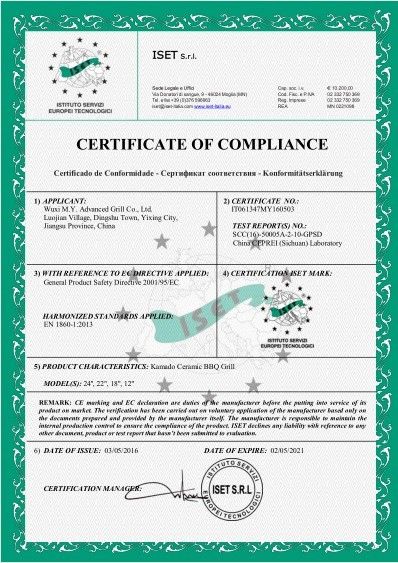 Chiny WUXI  M.Y. ADVANCED GRILL CO., LTD. Certyfikaty